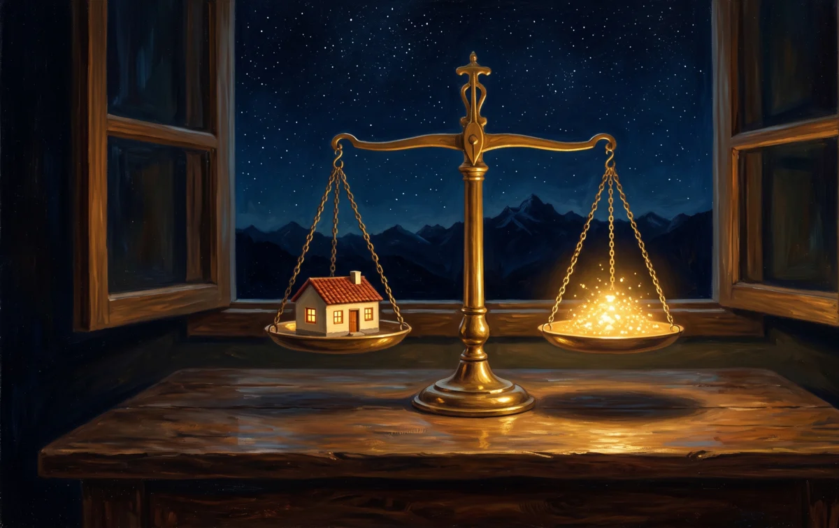 Balanza antigua de latón en equilibrio perfecto: una casita con ventanas encendidas en un platillo y un montón de luz dorada en el otro, ante una ventana abierta a la noche estrellada y la cordillera