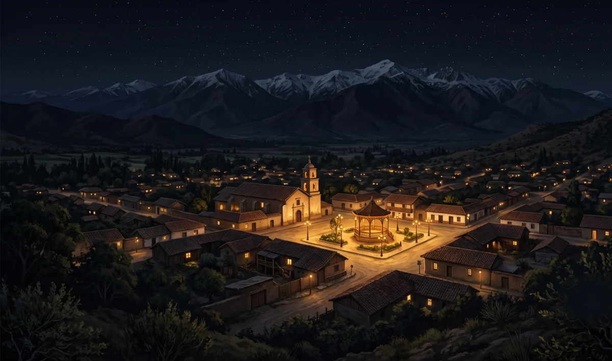 Pueblo chileno de noche visto desde un cerro: plaza iluminada con quiosco e iglesia, cordillera nevada de fondo