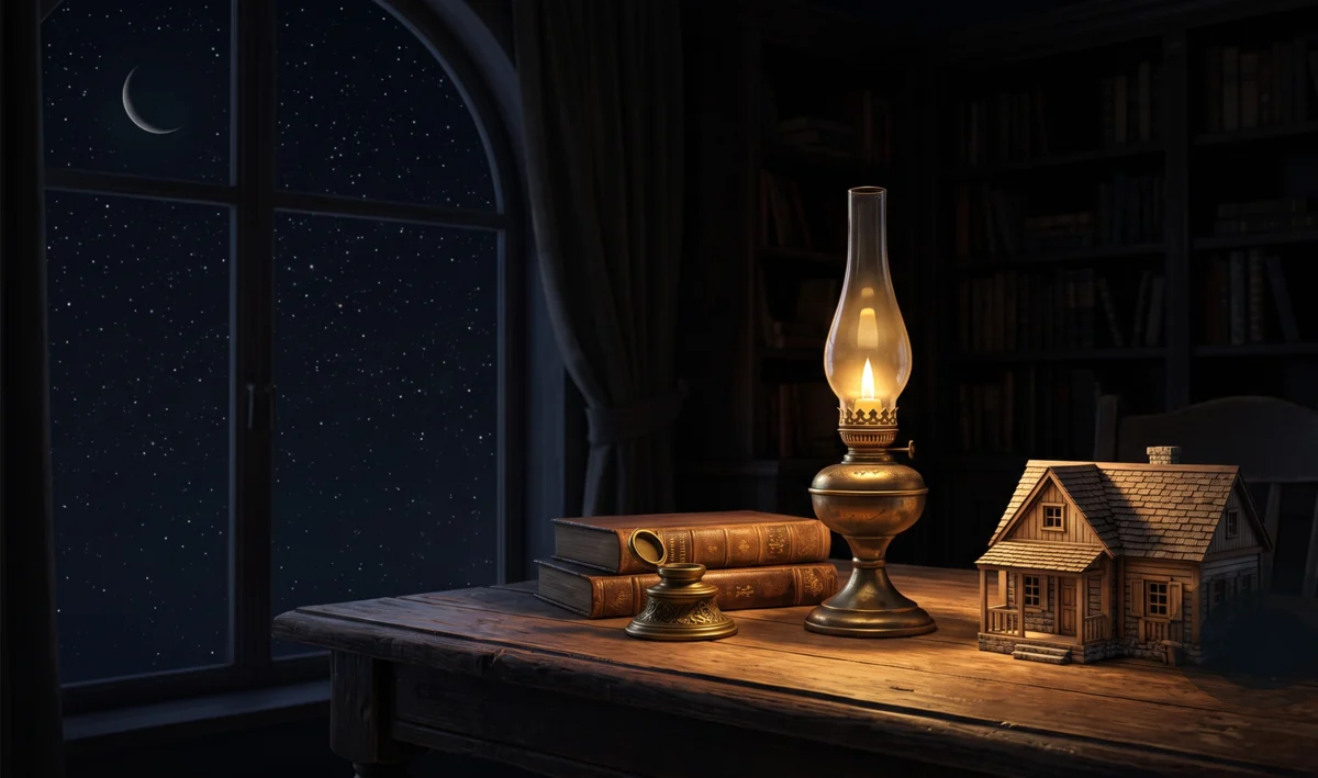 Quinqué antiguo iluminando libros y una pequeña maqueta de casa en la penumbra
