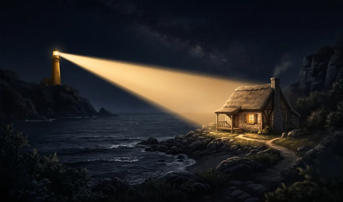 Faro dorado iluminando con su haz una casa pequeña y protegida en la noche