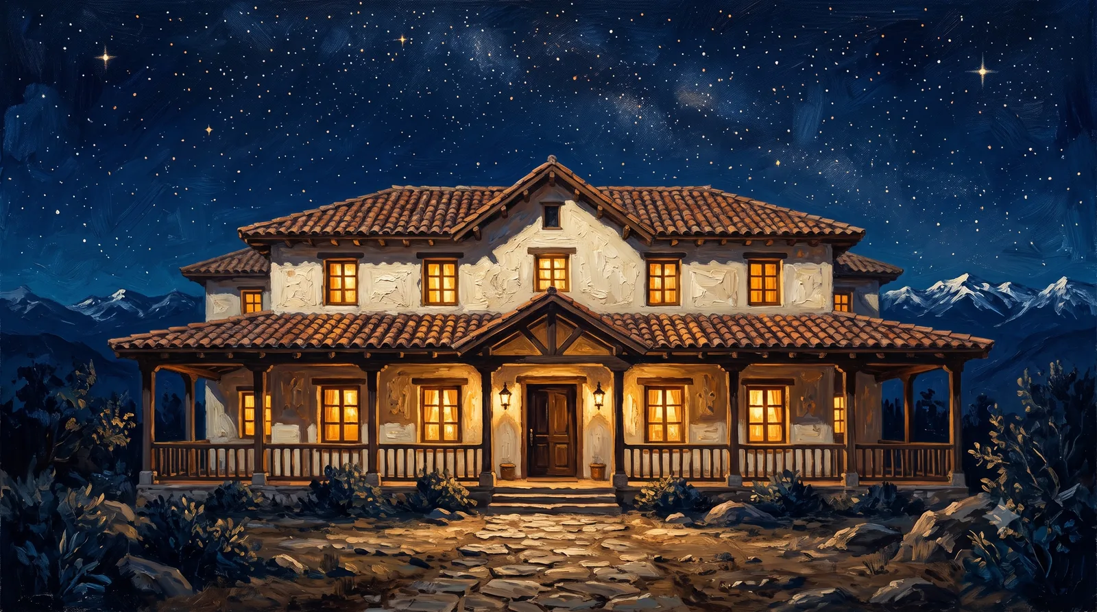 Casa chilena de fachada noble vista de frente con todas sus ventanas encendidas en luz dorada, corredor de madera y sendero de piedras, bajo un cielo nocturno estrellado con la cordillera nevada al fondo