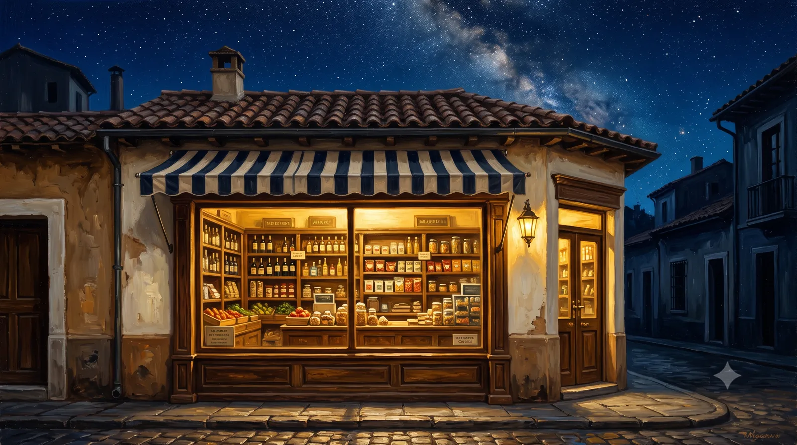 Vitrina de un local de barrio chileno encendida en luz dorada de noche: toldo a rayas, estantes surtidos y farol de fierro, en una esquina de calle empedrada bajo el cielo estrellado