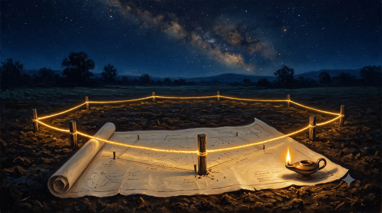 Plano de agrimensor desenrollado sobre tierra de campo junto a una lámpara de aceite encendida, con estacas de madera y un cordel dorado luminoso que dibuja el polígono de un terreno bajo la Vía Láctea