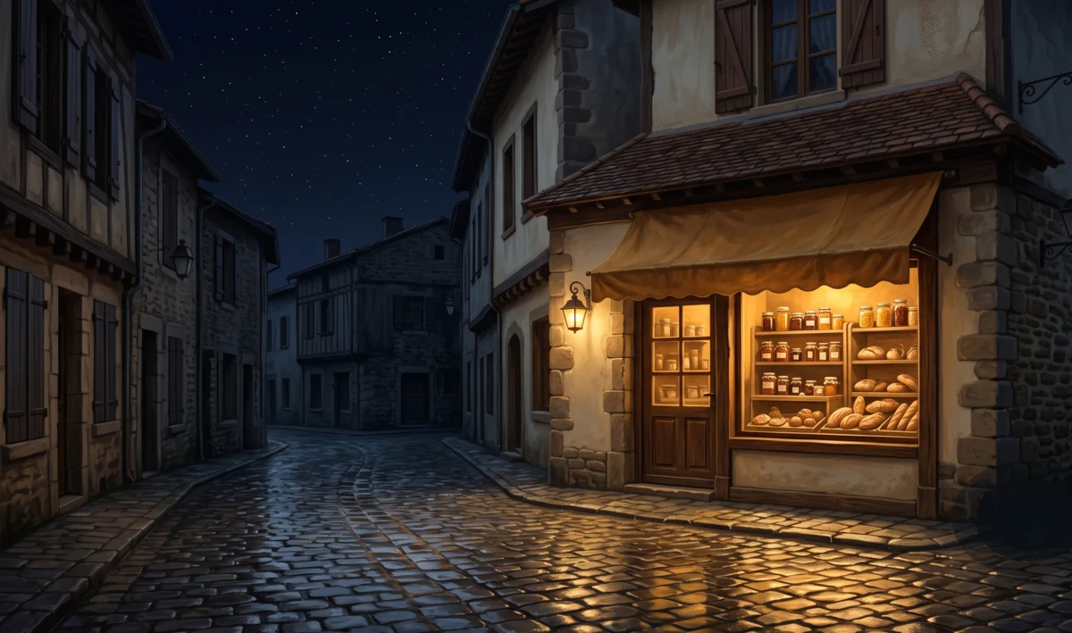 Esquina de pueblo de noche con un pequeño local de toldo y vitrina cálida iluminada