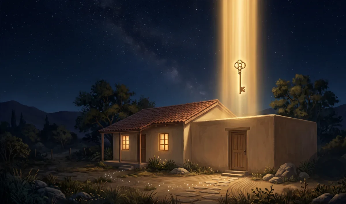 Llave dorada descendiendo en un haz de luz sobre una casa nueva, con un camino de estrellas hacia la puerta