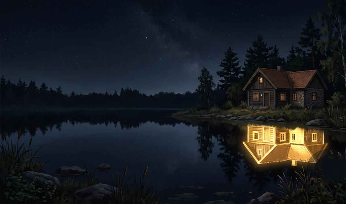Casa de noche reflejada en un espejo de agua: el reflejo brilla en oro, el valor verdadero
