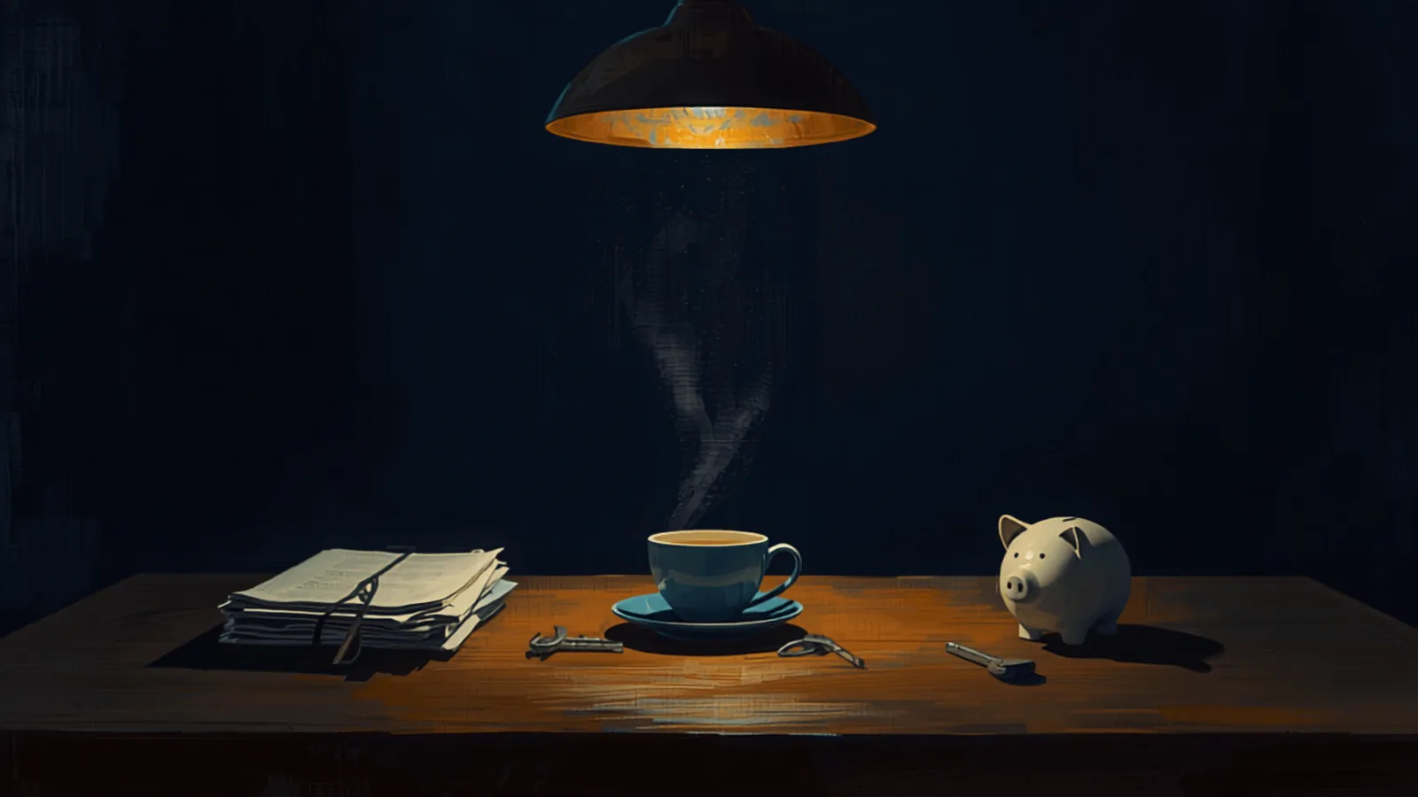 Ilustración Divergente: mesa de comedor chilena de noche con llaves nuevas, documentos y una alcancía bajo una lámpara cálida