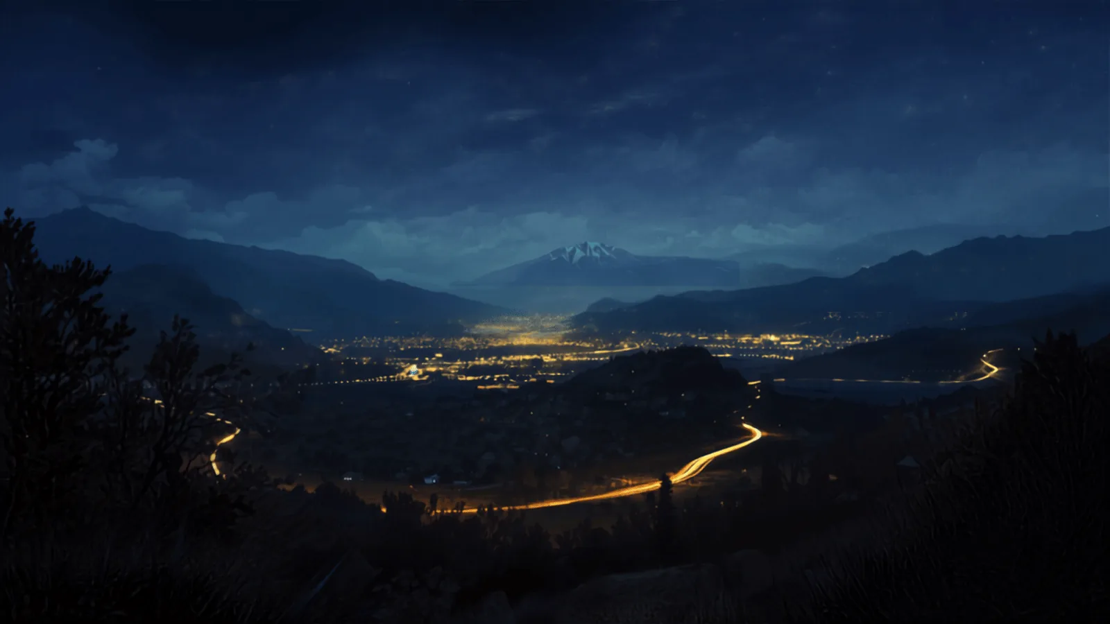 Ilustración Divergente: valle chileno de noche con las luces doradas de las casas y una vía férrea que brilla como un hilo de oro