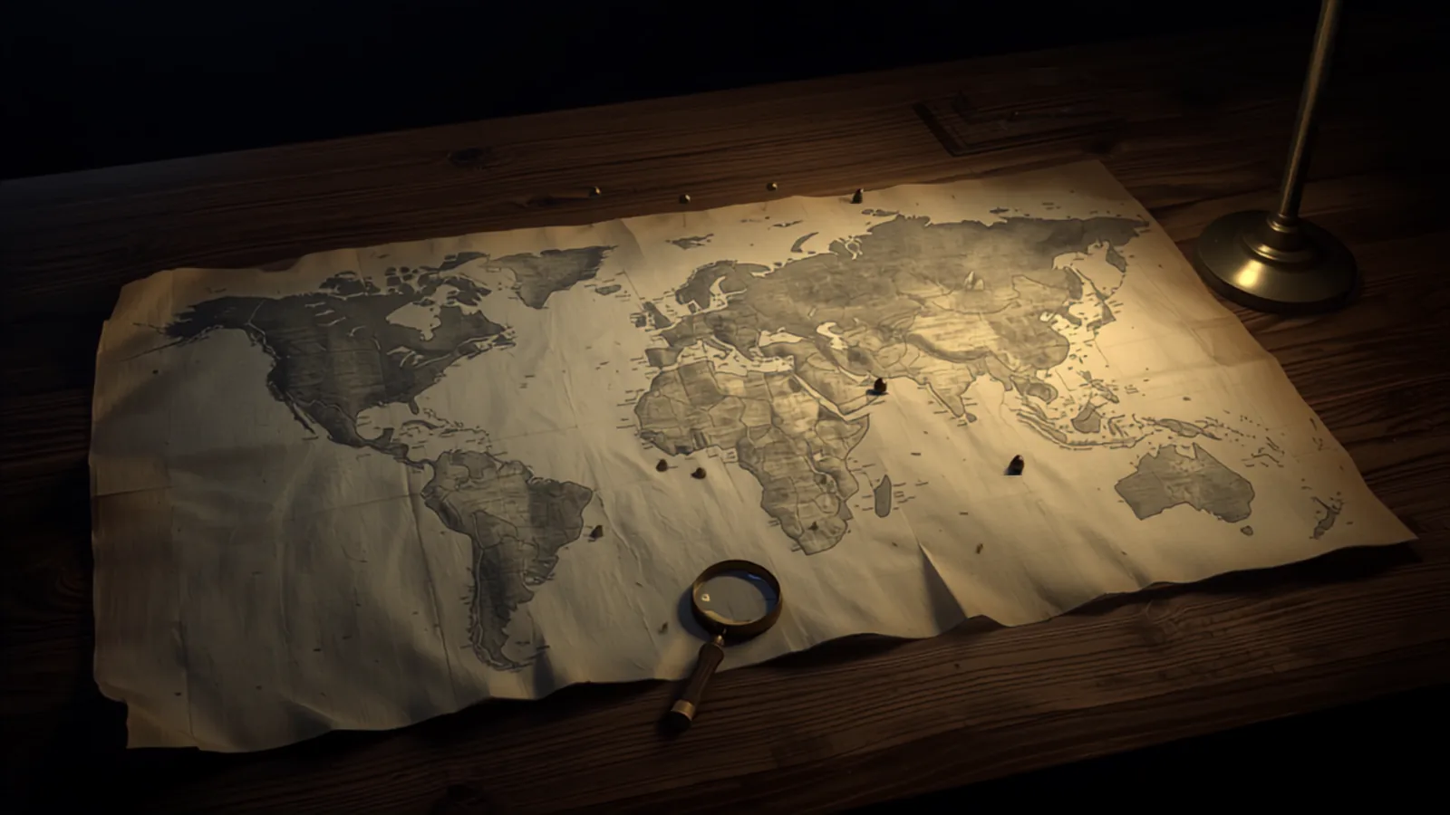 Ilustración Divergente: mapa antiguo de Chile con alfileres de latón y una lupa, a la luz de una lámpara