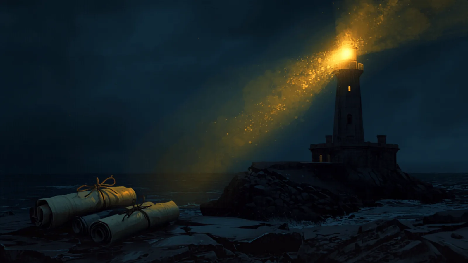 Ilustración Divergente: faro chileno lanzando su haz dorado sobre unos títulos de propiedad enrollados y una casa protegida