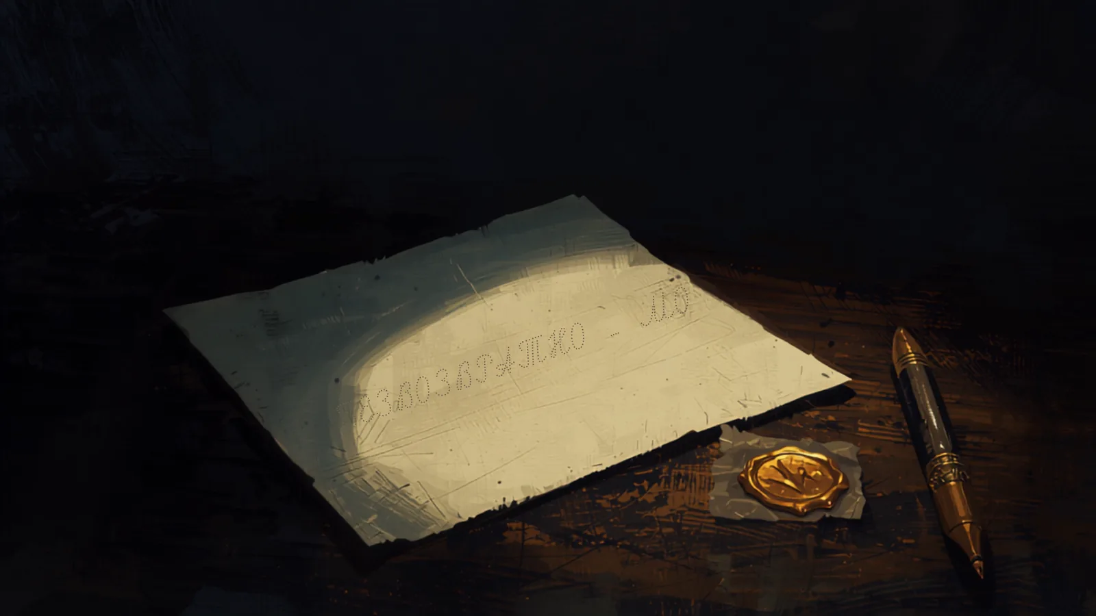 Ilustración Divergente: carta manuscrita en papel crema sobre escritorio de nogal, con pluma de latón y sello de lacre dorado