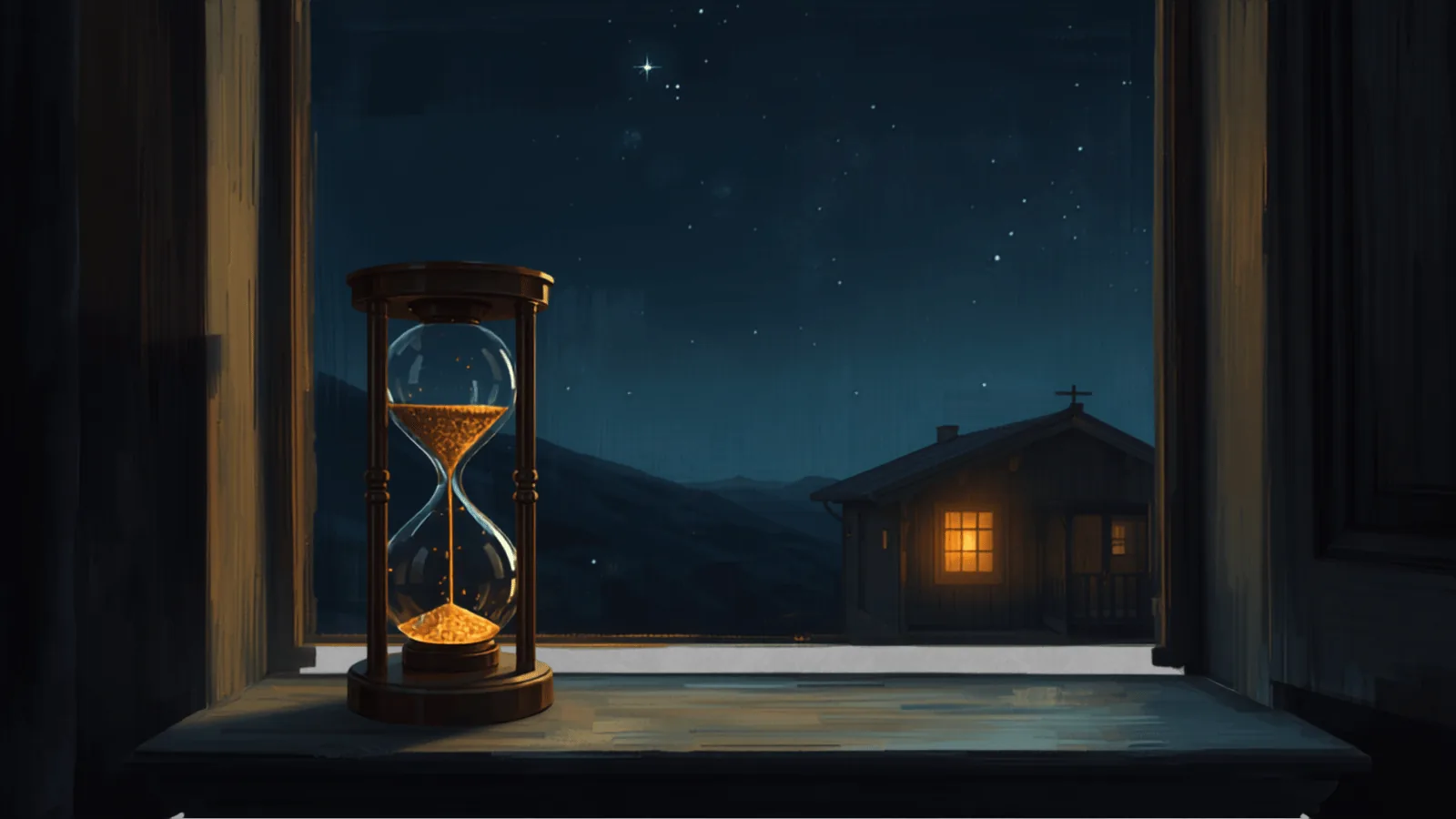 Ilustración Divergente: reloj de arena de latón en el alféizar de una casa chilena de noche, con la arena brillando como polvo de oro