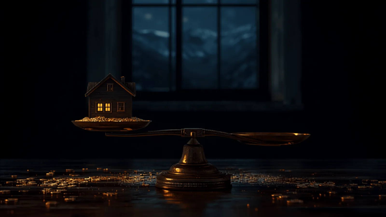 Ilustración Divergente: balanza de latón con una casita iluminada en un platillo y monedas de luz dorada en el otro, ante una ventana a la noche chilena